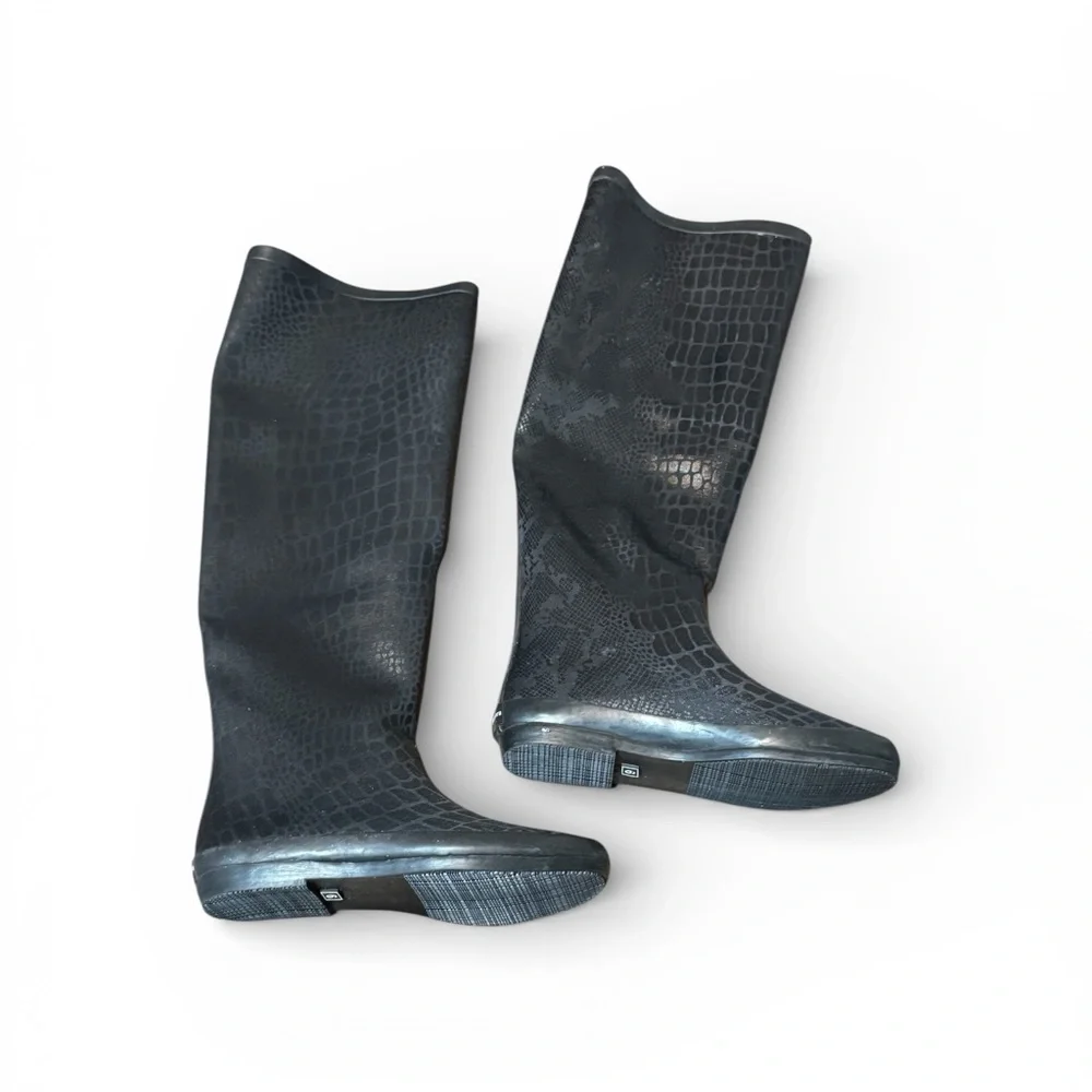Henry Ferrera Black Knee High Croc-Embossed Winter Boots Size 6 Rain Winter